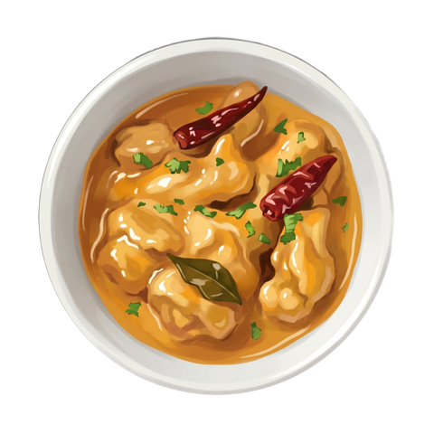 Painted illustration of chicken korma in a white bowl